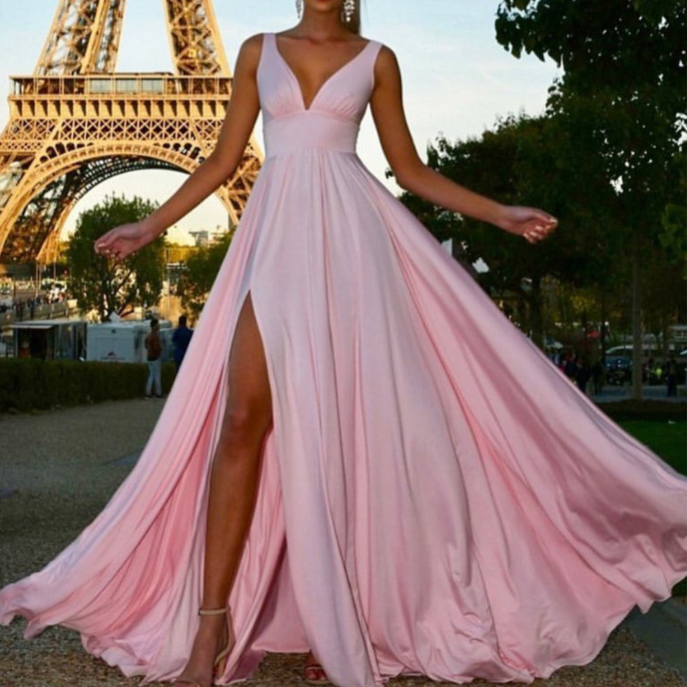 pink prom dresses long chiffon simple v ...